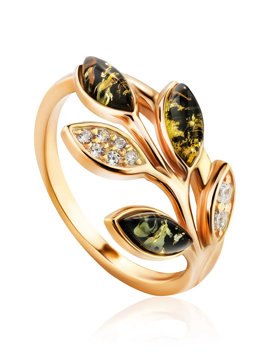 картинка Изящное кольцо «Вереск» из позолоченного серебра с янтарем и фианитами в онлайн магазине