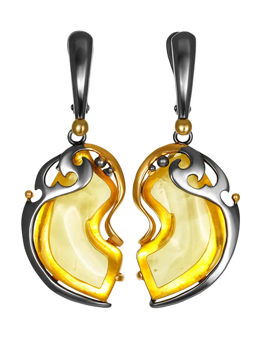 картинка Оригинальные серьги «Версаль» с цельным лимонным янтарём в позолоченном серебре в онлайн магазине