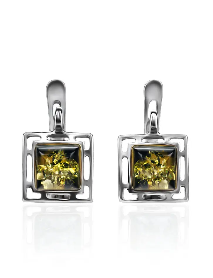 картинка Ажурные серьги из серебра и натурального янтаря зелёного цвета «Итака» в онлайн магазине