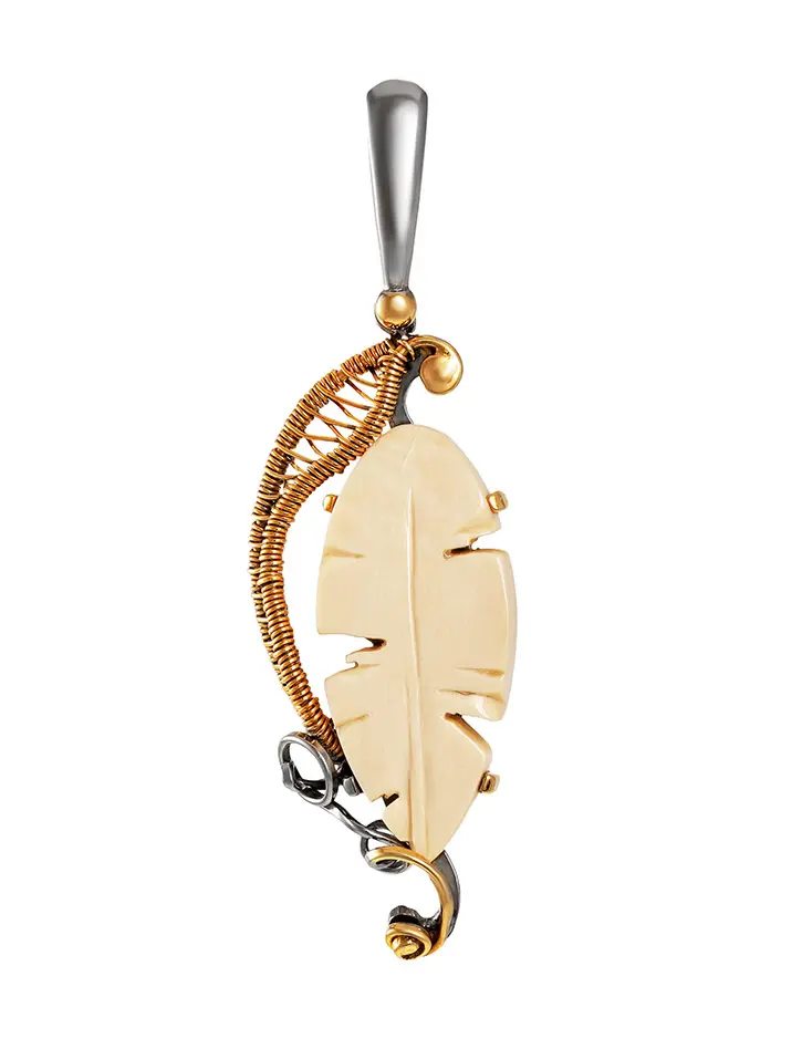 картинка Ажурный кулон в форме пёрышка из серебра с бивнем мамонта «Эра» в онлайн магазине