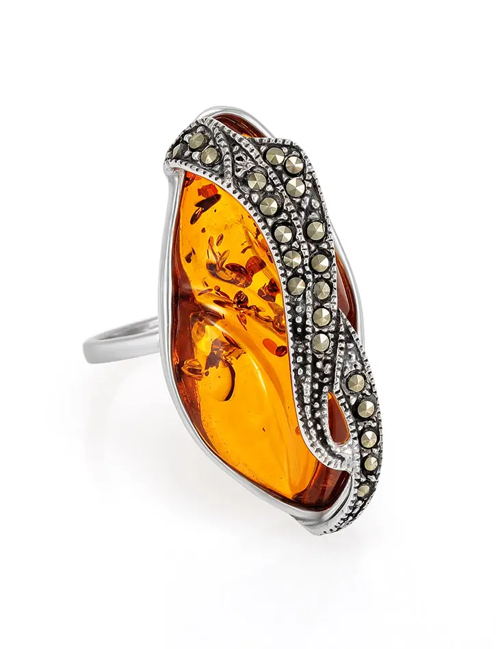 картинка Яркое кольцо Colorado из натурального цельного янтаря и марказита в онлайн магазине