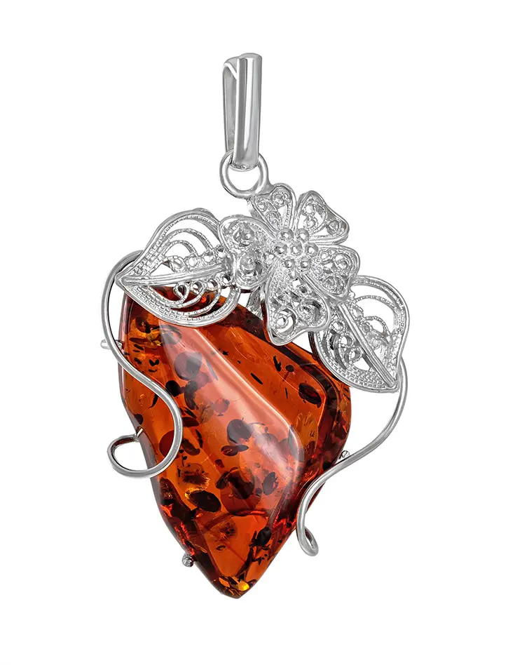 картинка Нарядная подвеска из натурального янтаря насыщенного коньячного цвета в серебре «Филигрань» в онлайн магазине