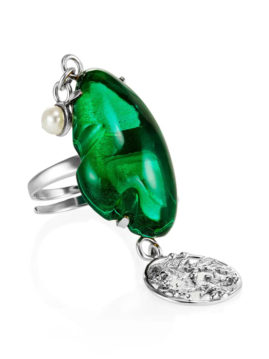 картинка Красивое эффектное кольцо с янтарём изумрудного оттенка в серебре «Версаль» в онлайн магазине