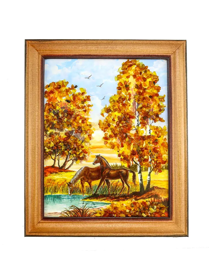 картинка Небольшая вертикальная картина с натуральным янтарем «Лошади на водопое» в онлайн магазине