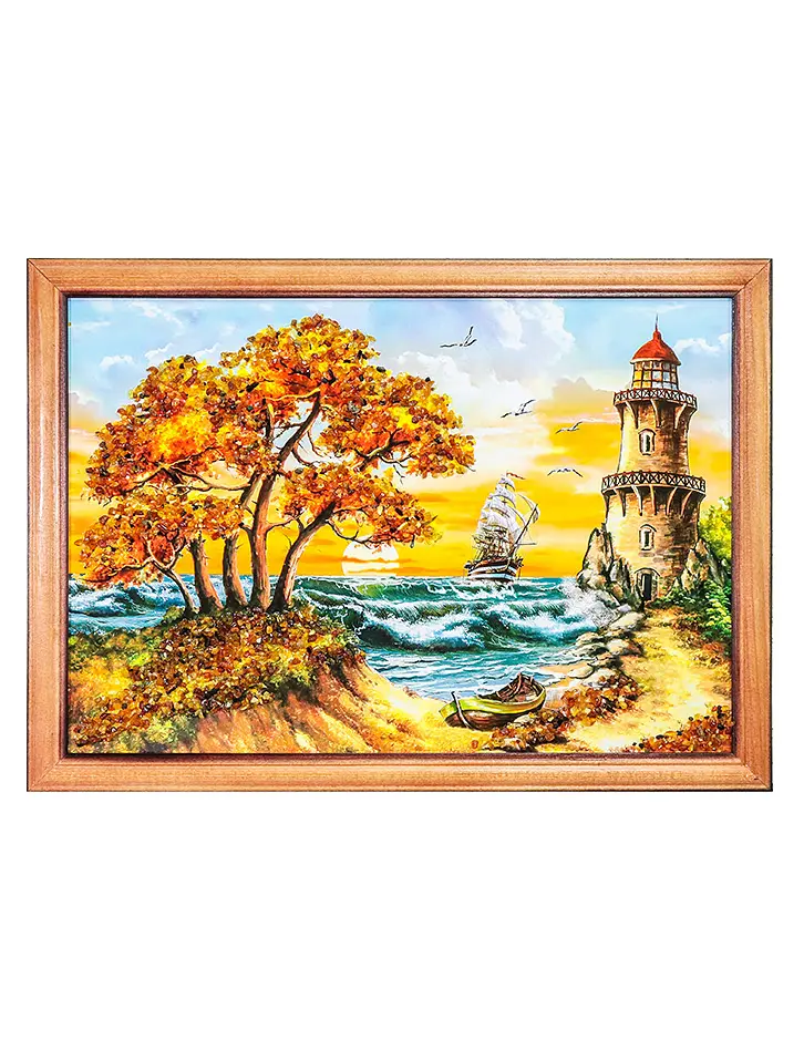 картинка Декоративное панно горизонтального формата, украшенное янтарём «Маяк» 23 см (В) х 33 см (Ш) в онлайн магазине