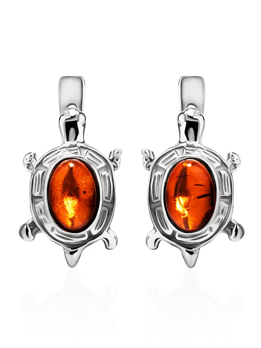 картинка Серьги «Черепашка» из серебра и натурального янтаря коньячного цвета в онлайн магазине