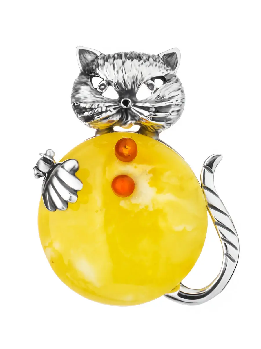 картинка Эффектная брошь с натуральным медовым янтарём «Котик» в онлайн магазине