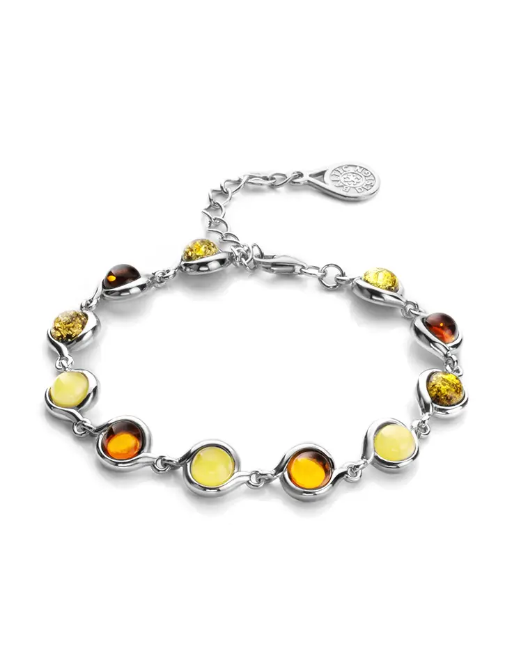 картинка Стильный браслет из серебра, украшенный натуральным балтийским янтарём разных цветов «Ягодки» в онлайн магазине