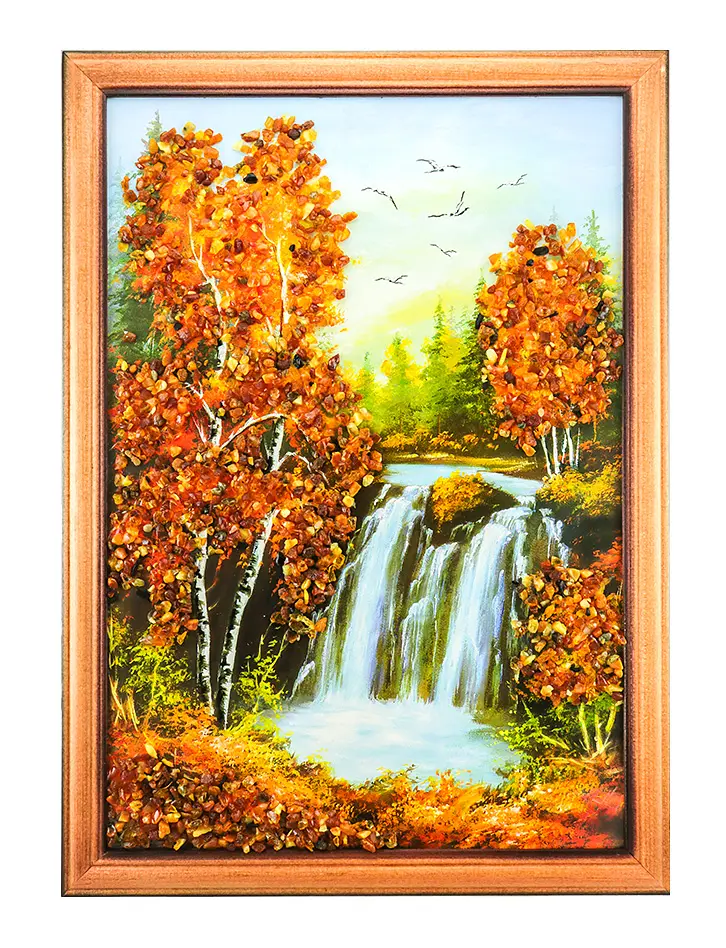 картинка «Водопад в лесу». Вертикально ориентированная картина, украшенная янтарем в онлайн магазине