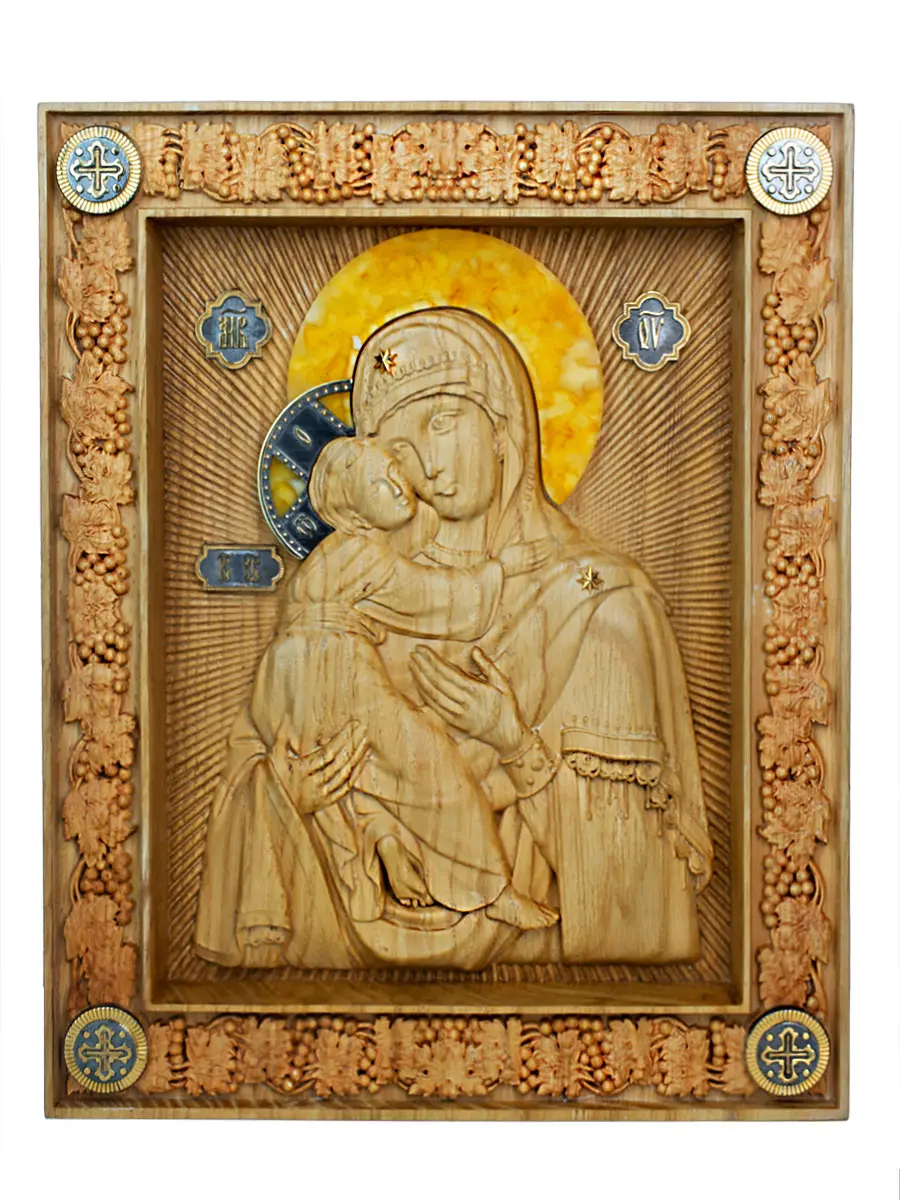 картинка Резная икона из дерева и натурального янтаря «Владимирская Богоматерь» в онлайн магазине