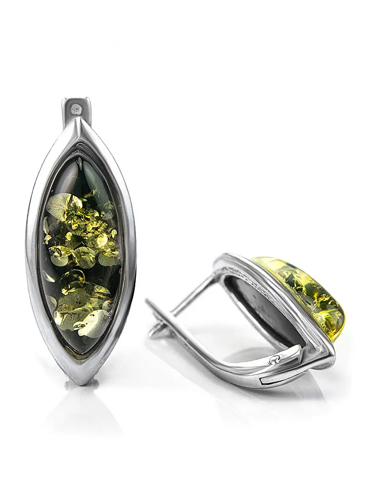 картинка Серебряные серьги «Амарант крупный» с натуральным янтарём зелёного цвета в онлайн магазине