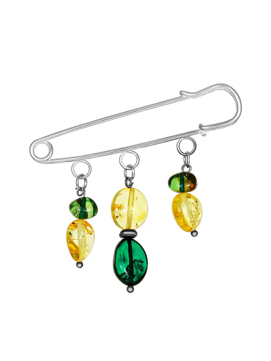 картинка Булавка-брошь с натуральным янтарем лимонного и изумрудного цветов в онлайн магазине