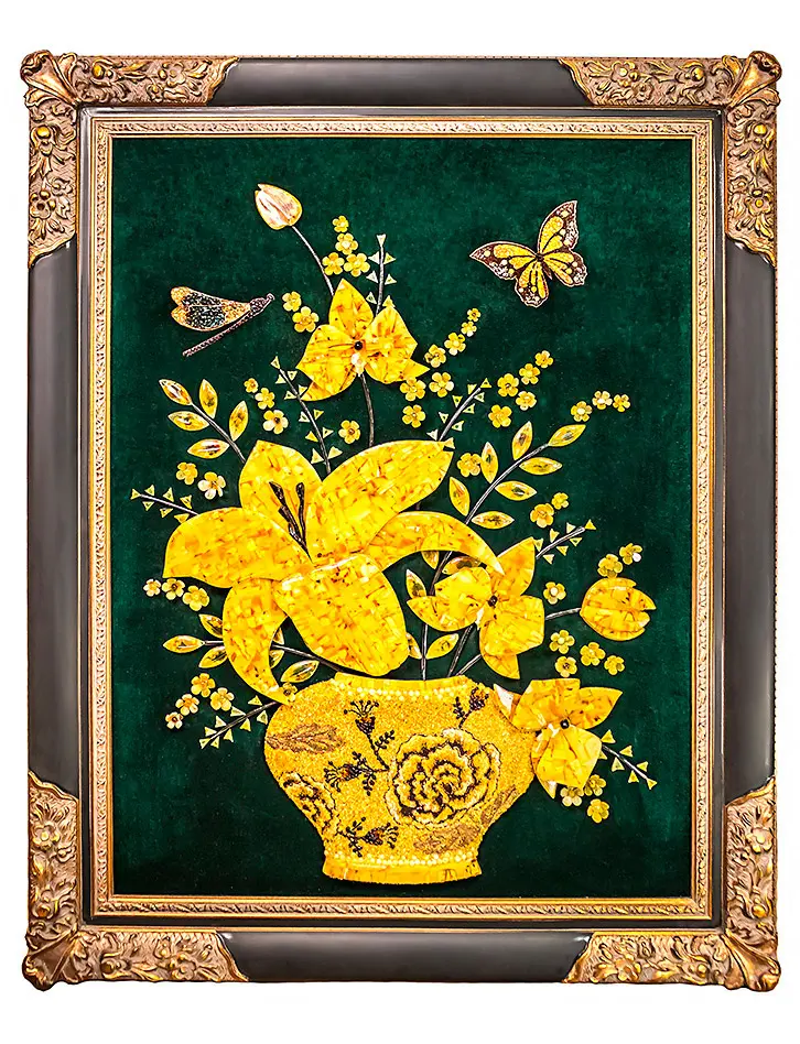 картинка Эксклюзивная картина из натурального балтийского янтаря «Натюрморт с бабочкой и стрекозой» 121 х 96 см в онлайн магазине
