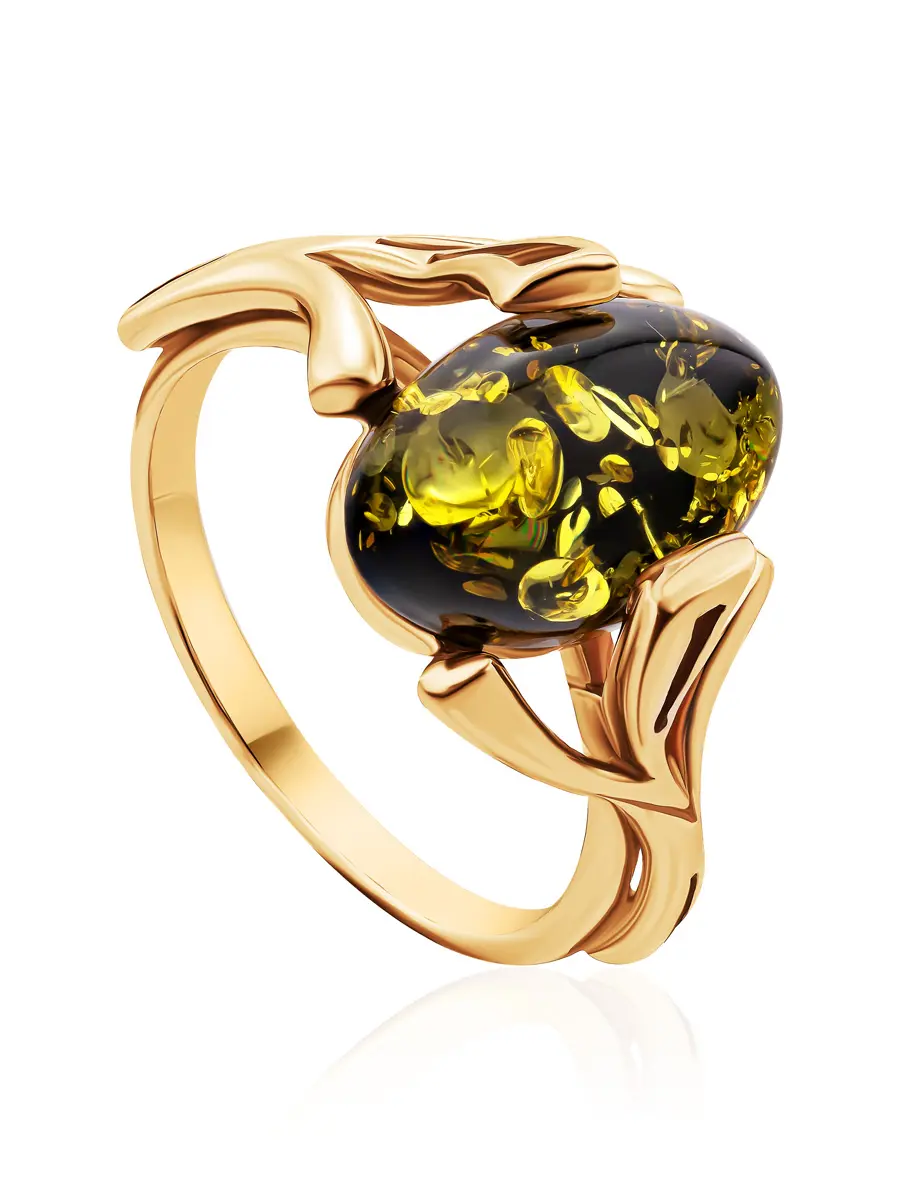 картинка Яркое кольцо из зелёного янтаря в позолоченном серебре «Крокус» в онлайн магазине