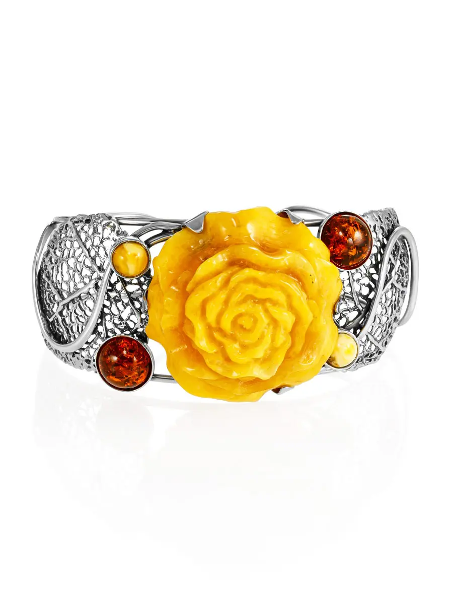 картинка Роскошный браслет, украшенный резным медовым янтарём «Роза» в онлайн магазине