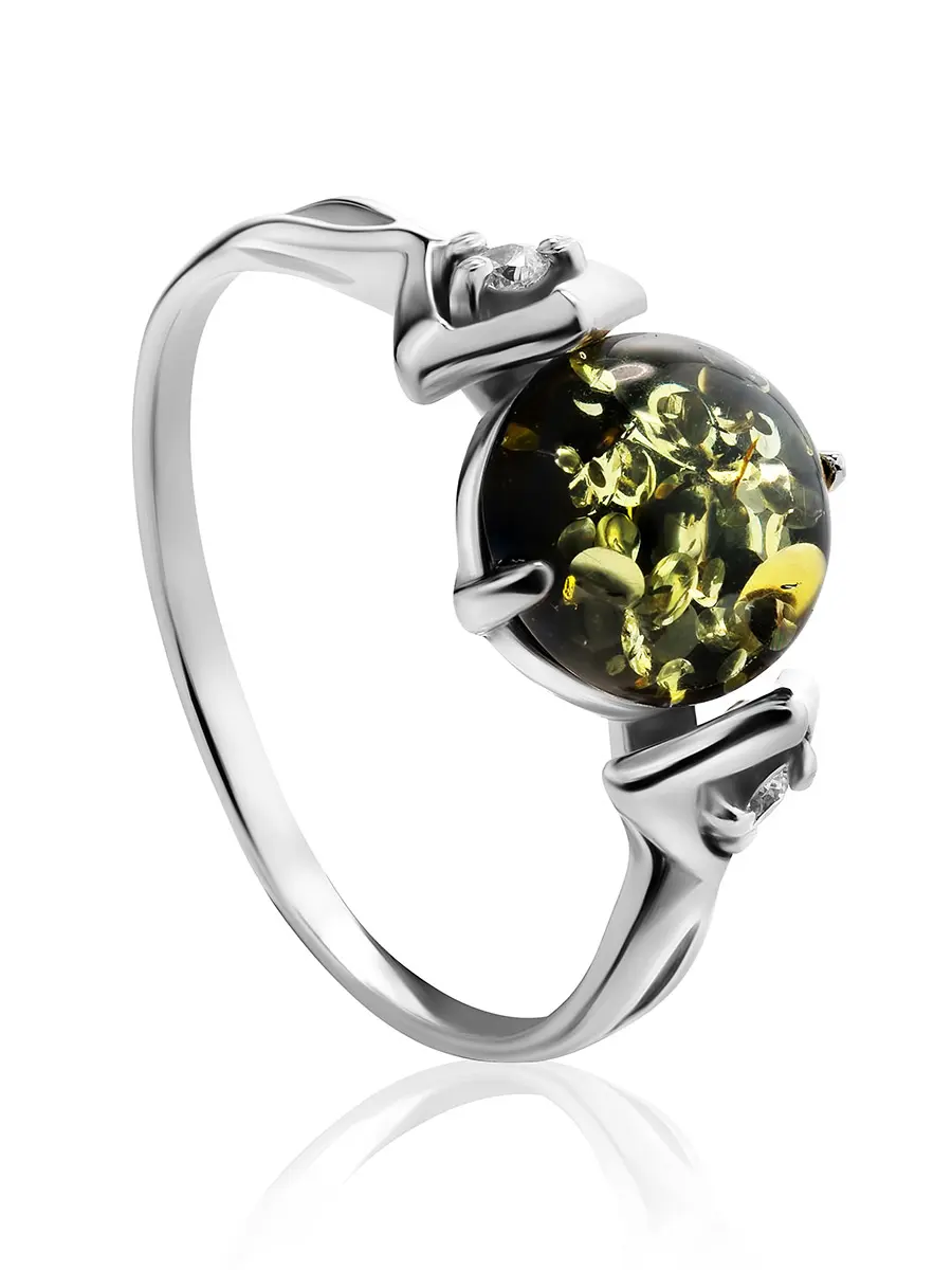 картинка Нежное кольцо с зелёным янтарём и кристаллами «Самбия» в онлайн магазине