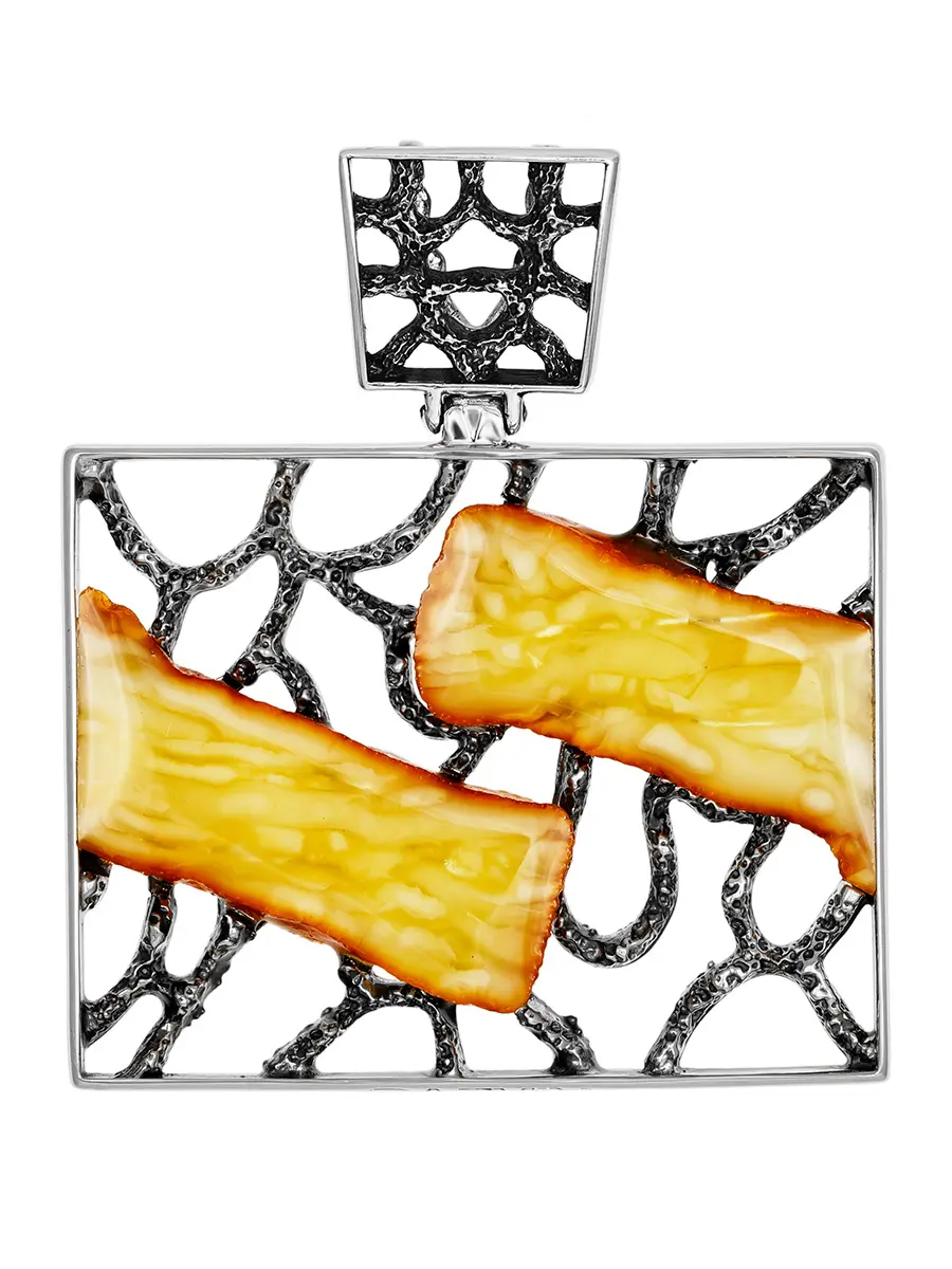 картинка Подвеска прямоугольной формы из серебра с натуральным медовым янтарём «Модерн» в онлайн магазине