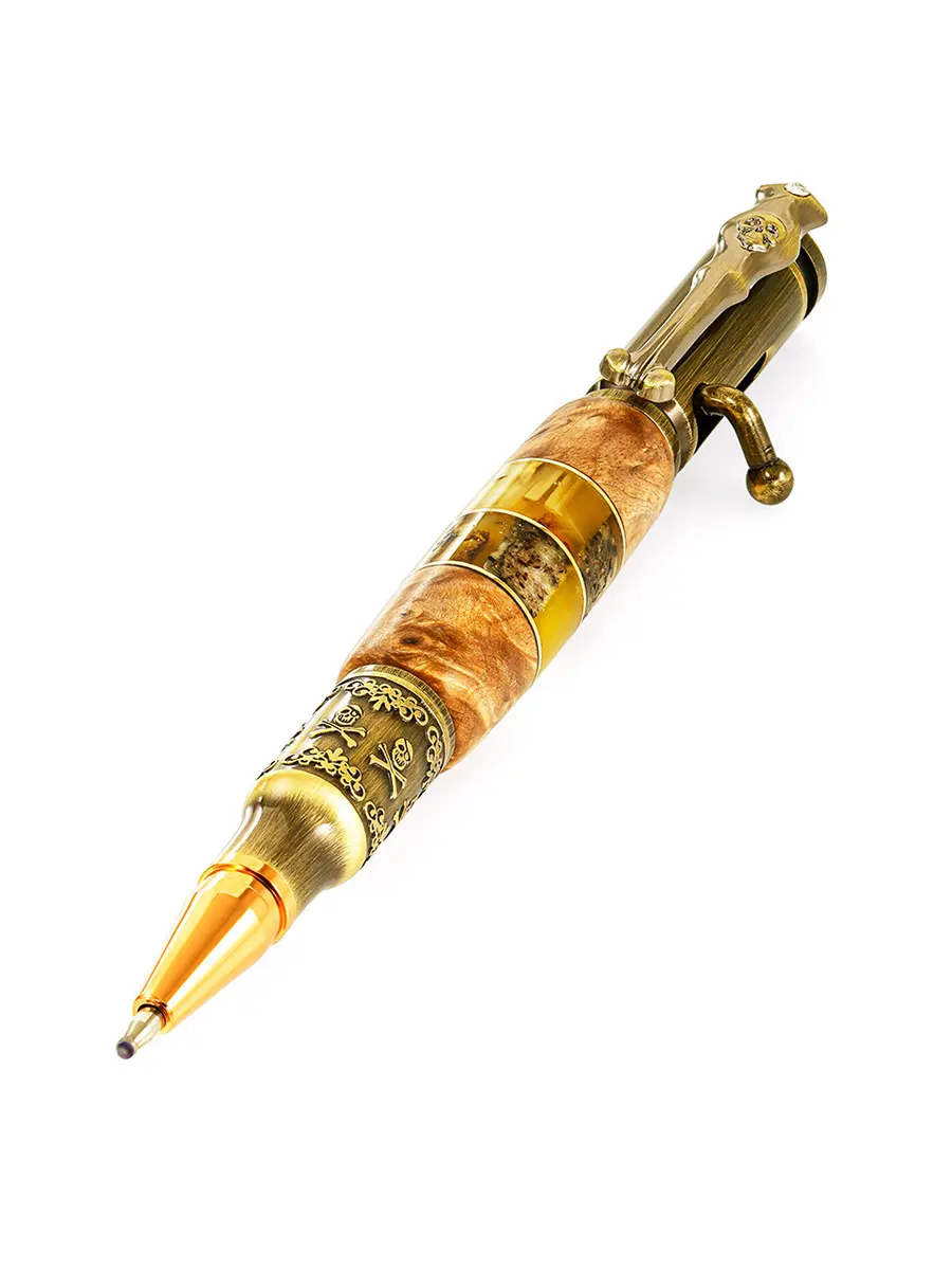 картинка Шариковая ручка авторской работы «Тортуга» с деревом и натуральным янтарём в онлайн магазине