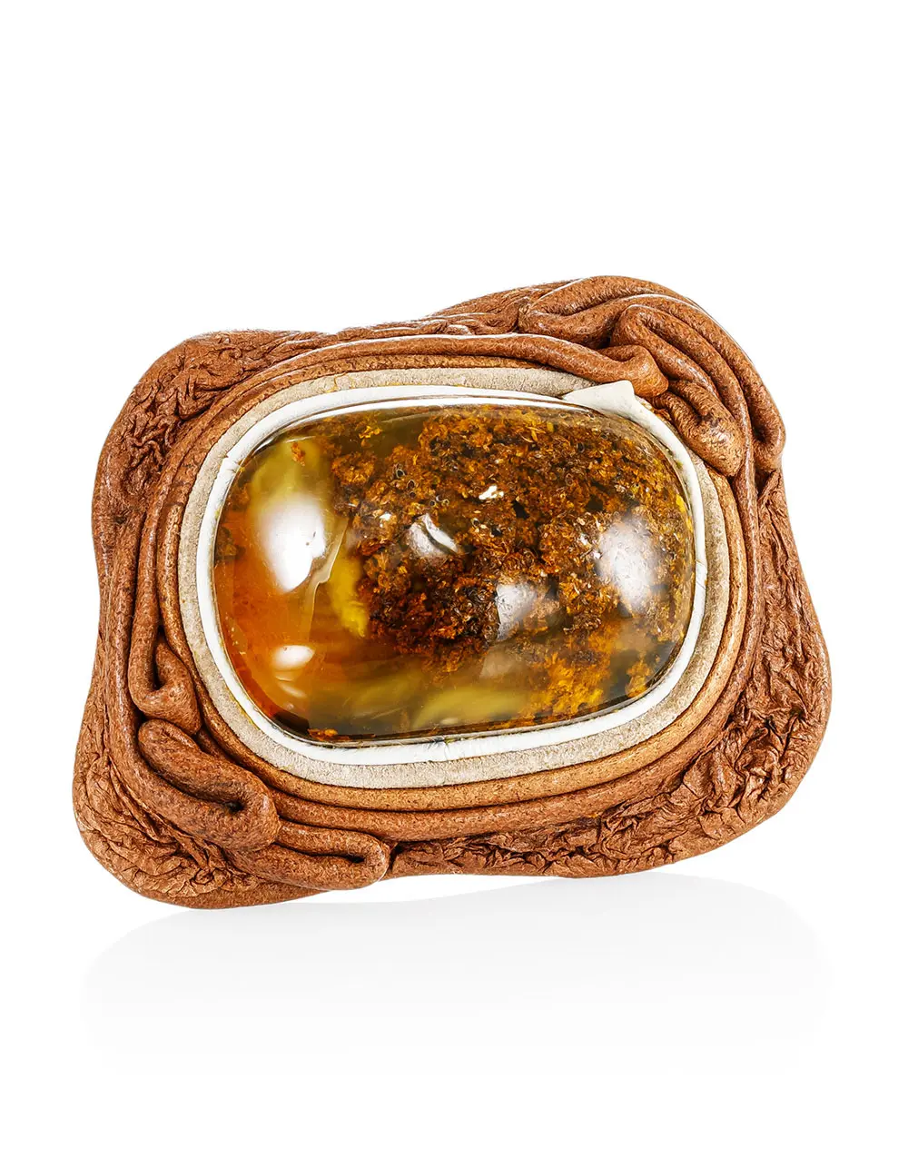 картинка Брошь из кожи «Амазонка» с янтарём в онлайн магазине