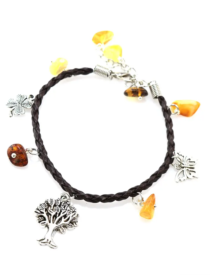картинка Стильный плетёный браслет коричневого цвета с натуральным янтарём «Шервудский лес» в онлайн магазине