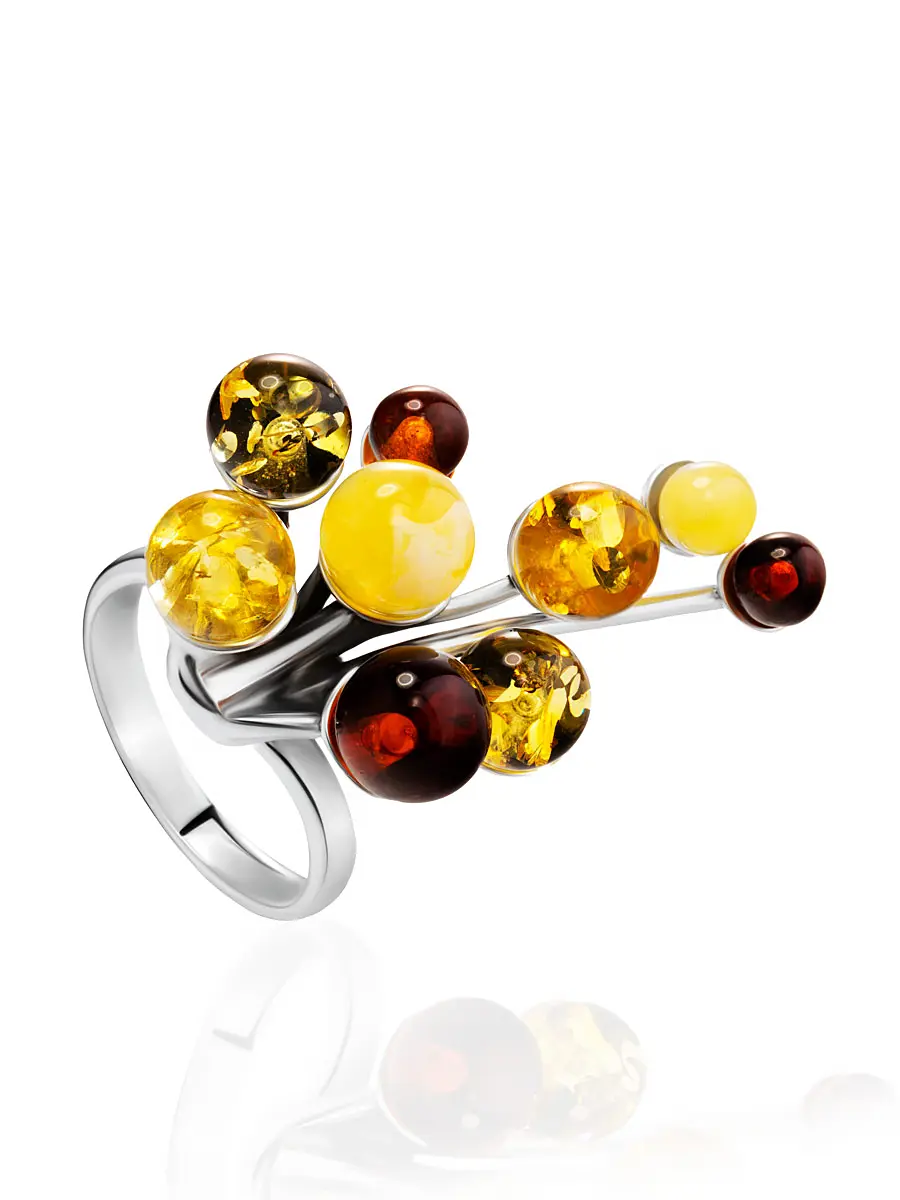 картинка Яркое кольцо из серебра и янтаря разных оттенков «Мимоза» в онлайн магазине