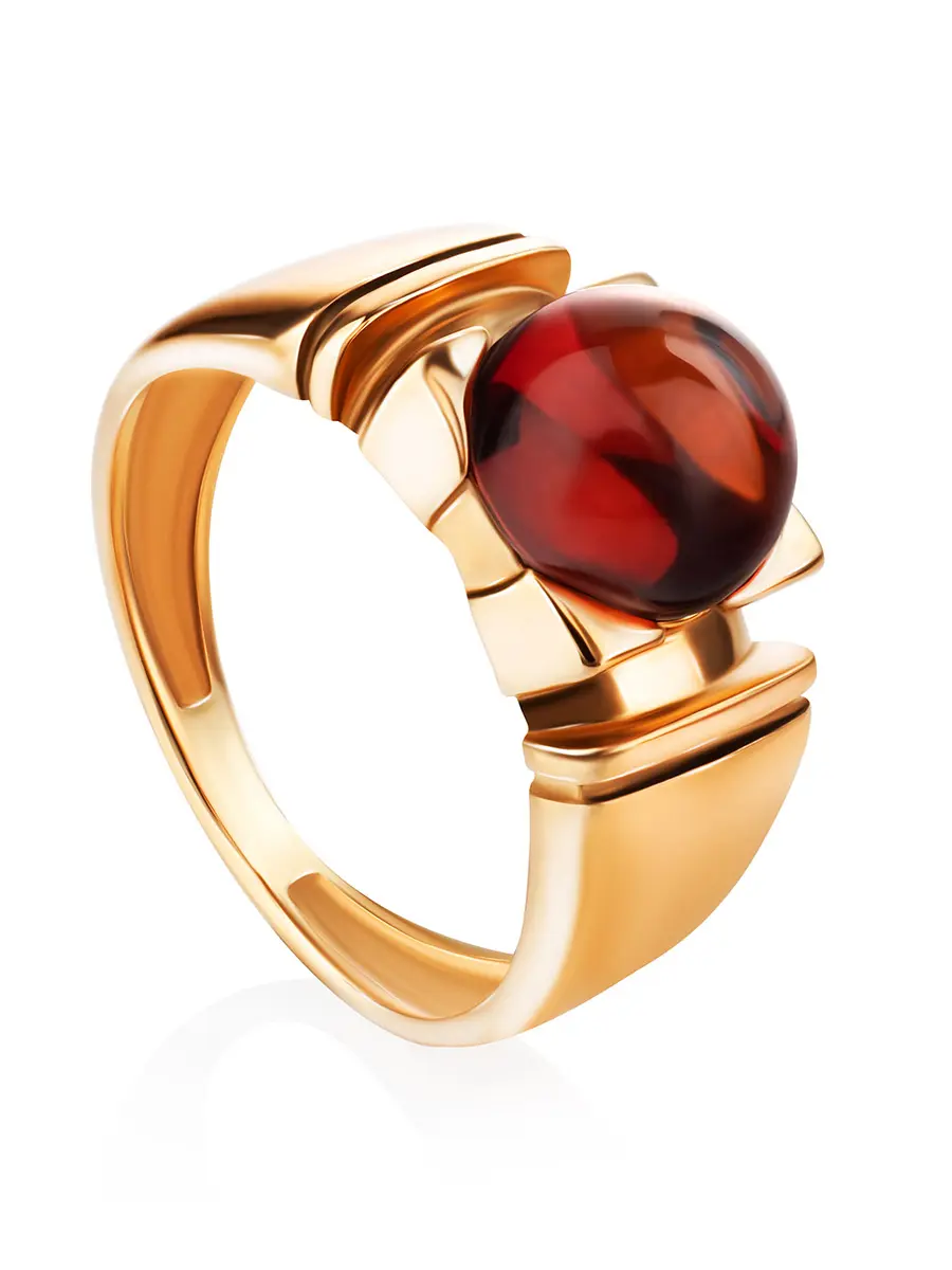 картинка Стильное золотое кольцо с вставкой из натурального коньячного янтаря «Рондо» в онлайн магазине