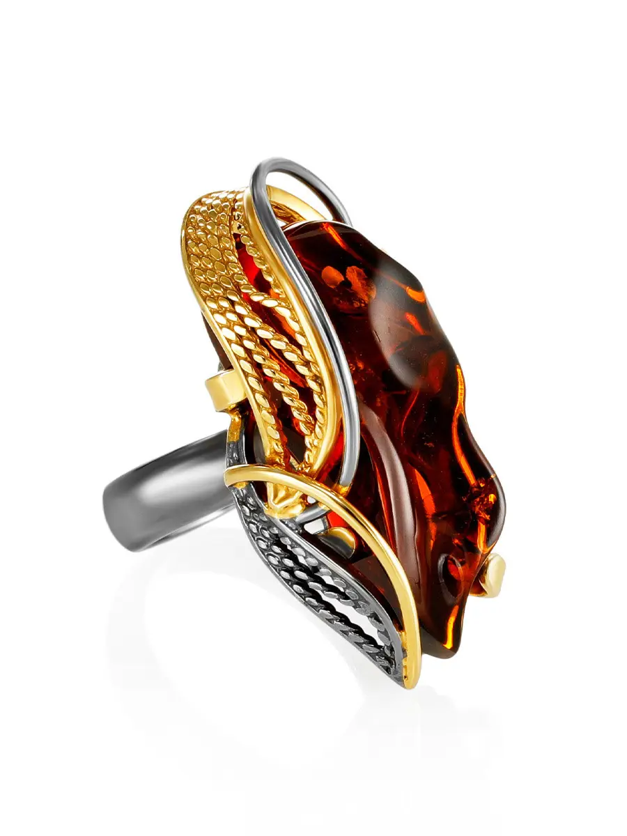 картинка Великолепное кольцо из позолоченного серебра с тёмно-коньячным янтарём «Филигрань» в онлайн магазине