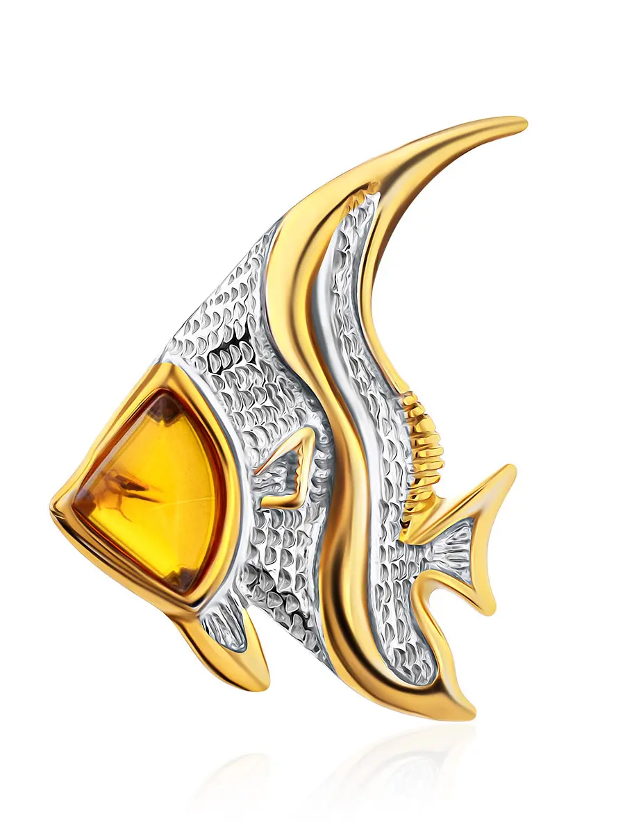 картинка Стильная анималистическая подвеска «Рыбка» с натуральным золотистым янтарём в онлайн магазине