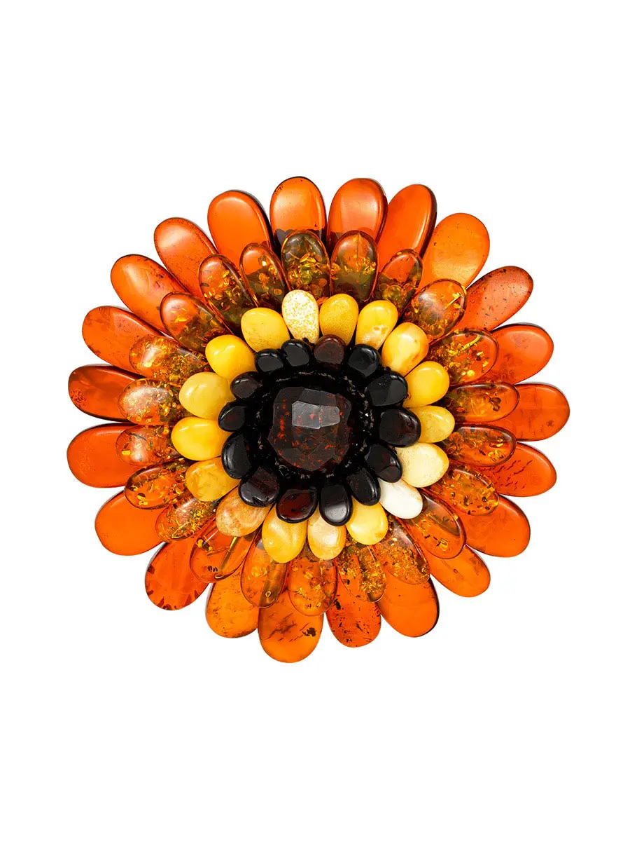 картинка Яркая брошь-кулон из натурального балтийского янтаря разных цветов «Хризантема» в онлайн магазине