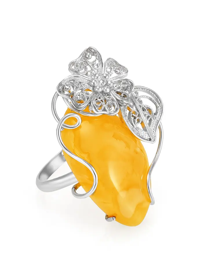 картинка Роскошное кольцо с вставкой из натурального медового янтаря «Филигрань» в онлайн магазине