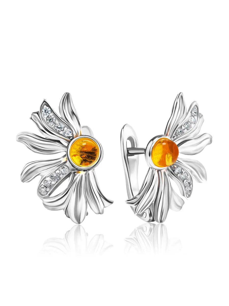 картинка Очаровательные серьги из серебра и натурального янтаря лимонного цвета  «Ромашка» в онлайн магазине