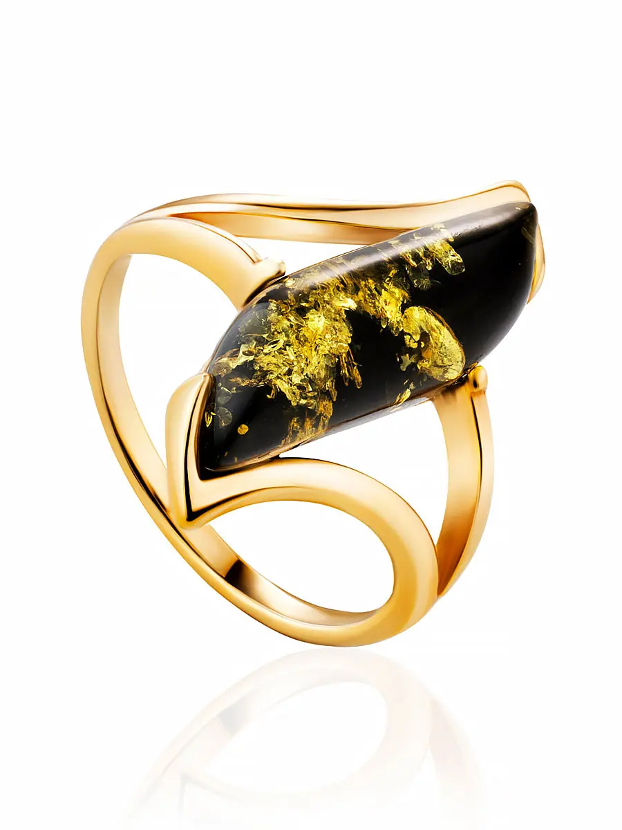 картинка Яркое кольцо из золота с крупной вставкой из натурального зелёного янтаря «Веста» в онлайн магазине