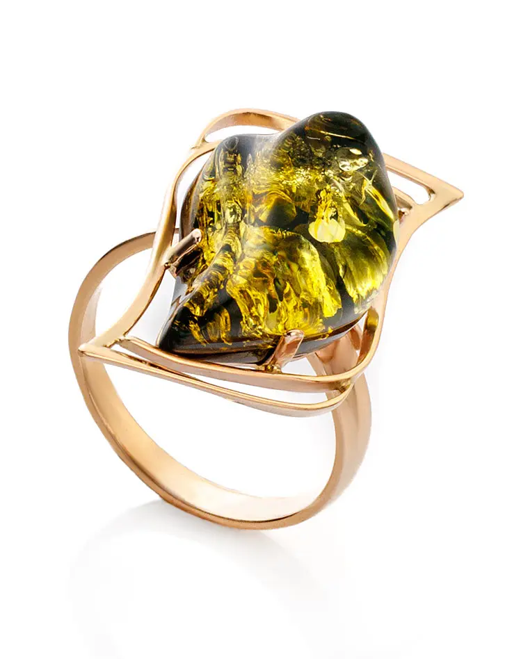 картинка Великолепное золотое кольцо «Палладио» с янтарём зелёного цвета в онлайн магазине