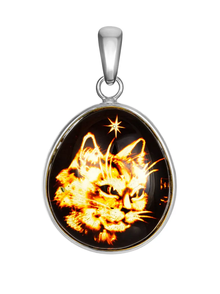 картинка Очаровательный янтарный кулон с резьбой-инталией «Кот» в онлайн магазине