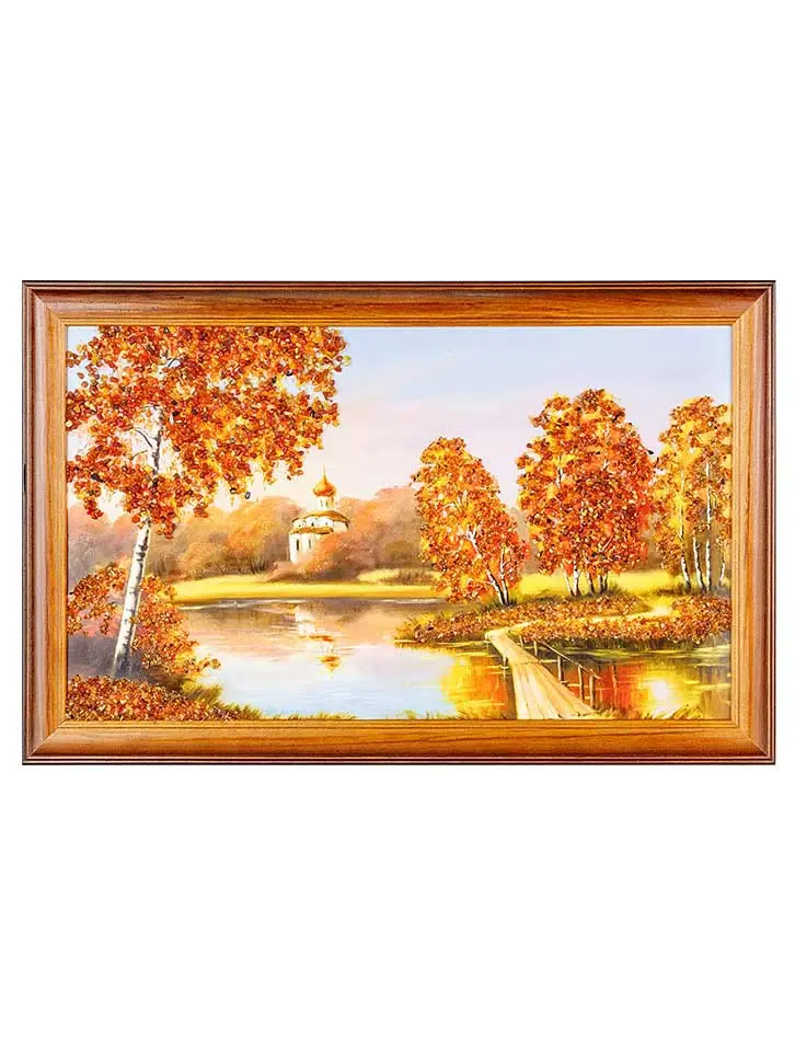 картинка Горизонтальный пейзаж с натуральным янтарём «Храм у лесного озера» 33 (В) х 52 (Ш) в онлайн магазине