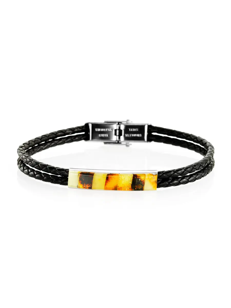 картинка Изящный тонкий браслет из кожи, украшенный яркой янтарной мозаикой «Сильверстоун» в онлайн магазине