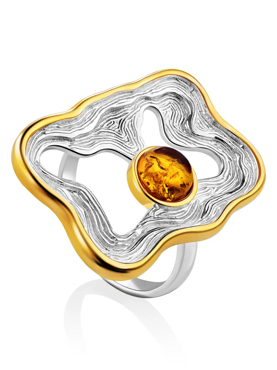 картинка Крупное необычное кольцо «Фрида» из серебра и натурального золотистого янтаря в онлайн магазине