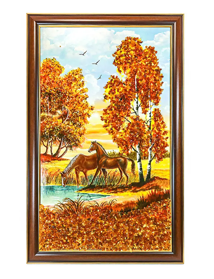 картинка Вертикальное панно с натуральным янтарем «Лошади на водопое» в онлайн магазине