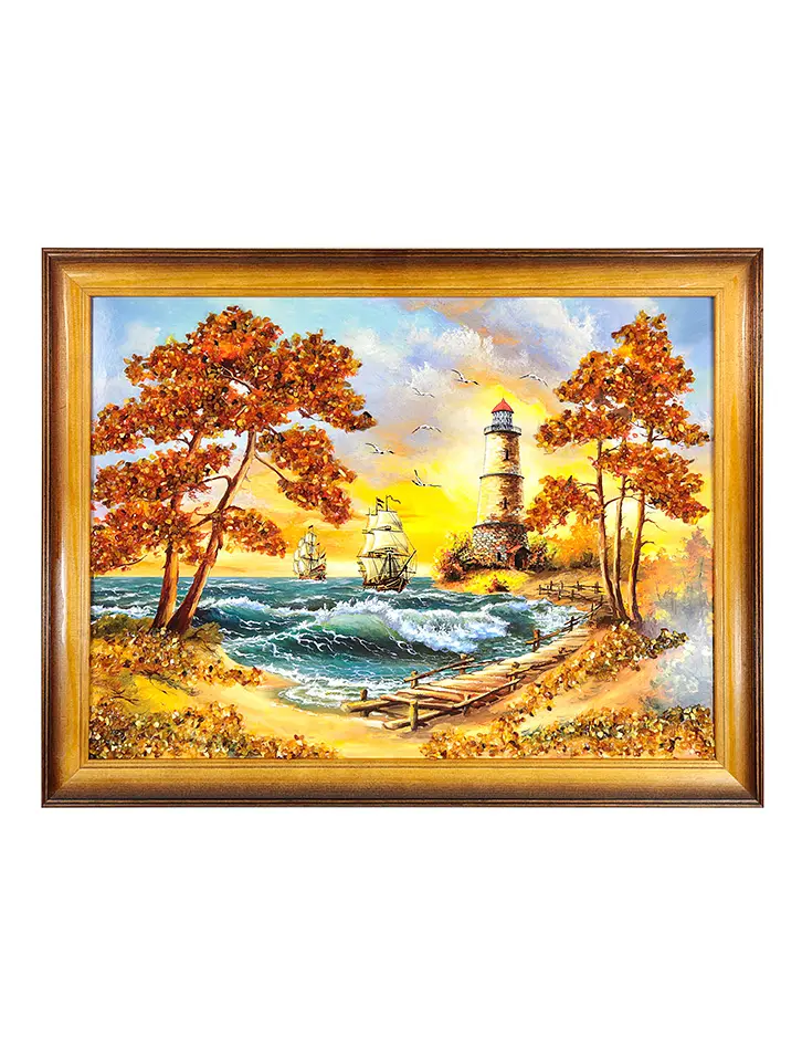 картинка Горизонтальное панно с натуральным янтарем «Море в закатных лучах» в онлайн магазине