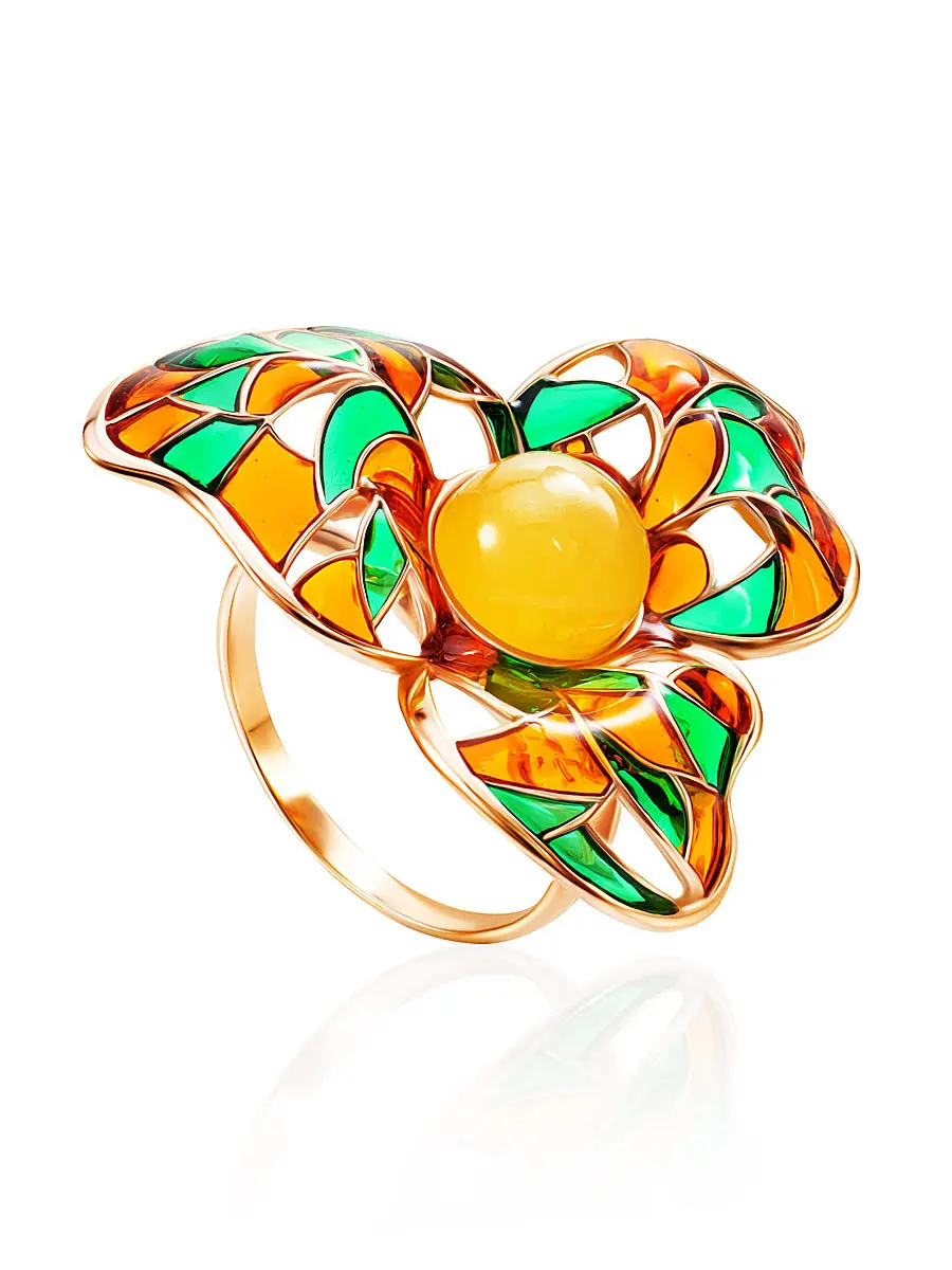 картинка Роскошное кольцо с медовым янтарём и витражной эмалью Verona в онлайн магазине