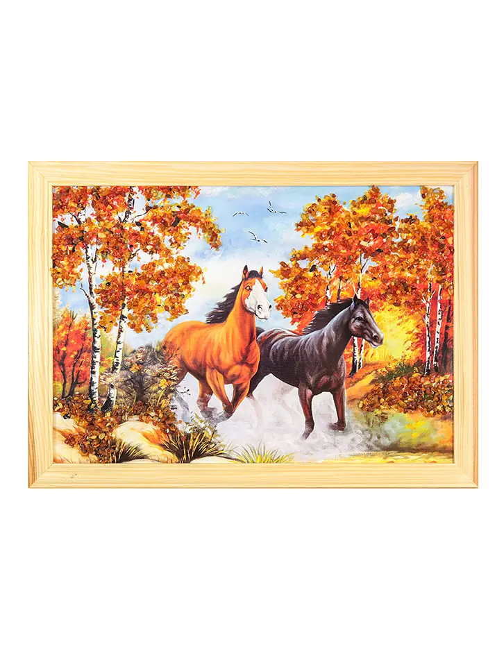 картинка Анималистический пейзаж, украшенный натуральным балтийским янтарём «Лошади»  23 (В) х 32 (Ш)  в онлайн магазине