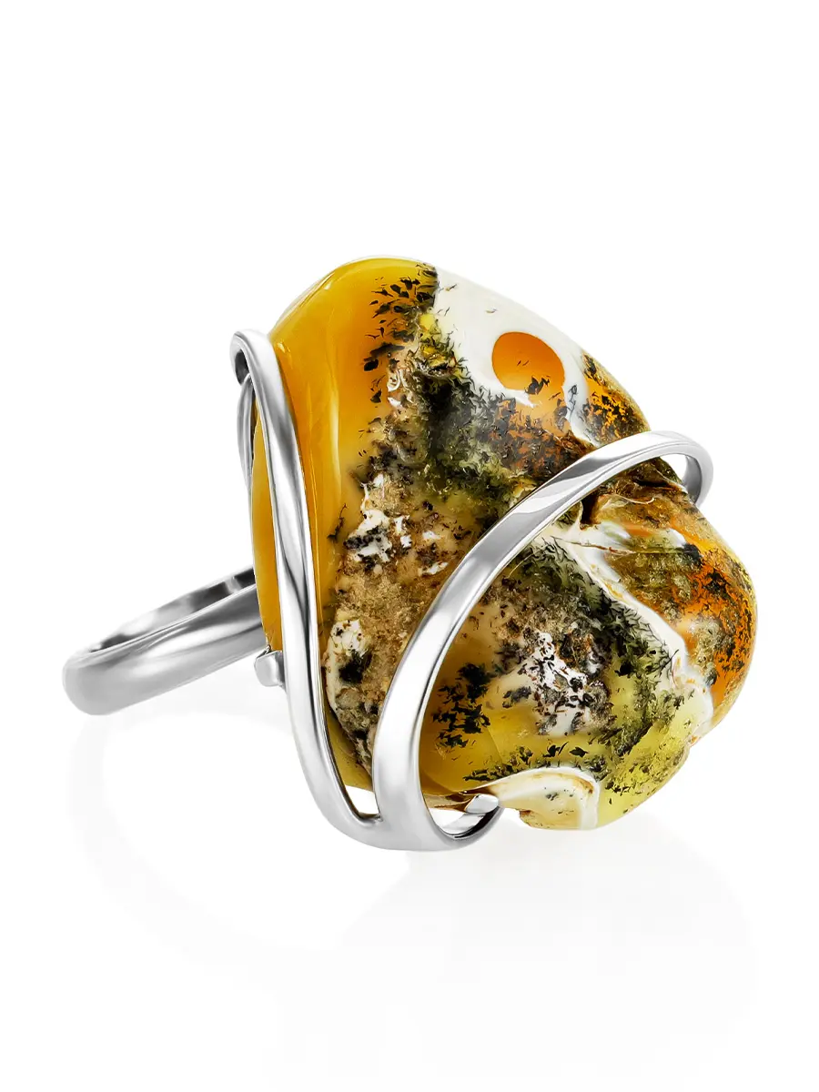 картинка Объёмное серебряное кольцо с вставкой из натурального текстурного янтаря «Риальто» в онлайн магазине