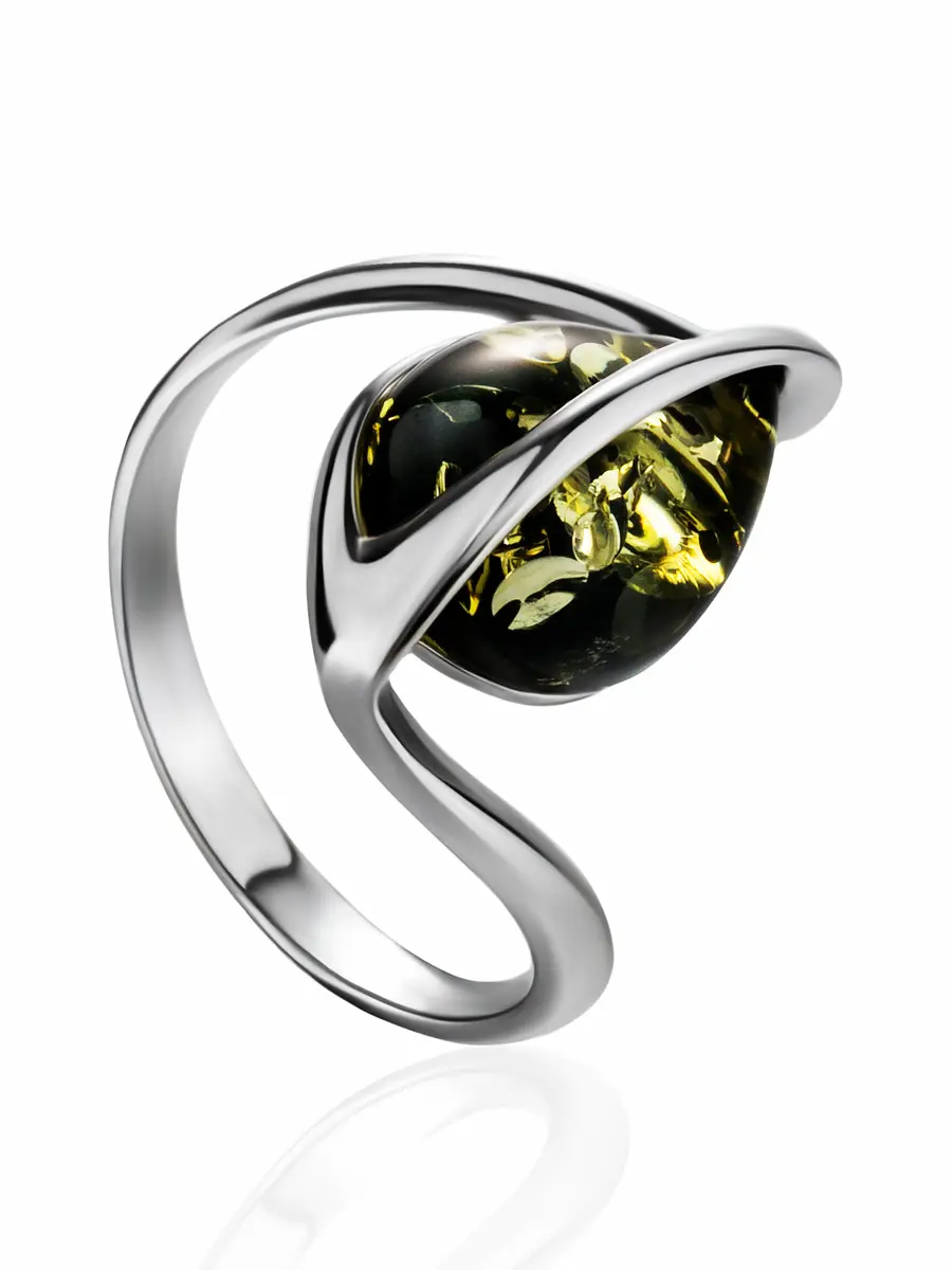 картинка Кольцо из серебра и натурального янтаря зелёного цвета «Голконда» в онлайн магазине