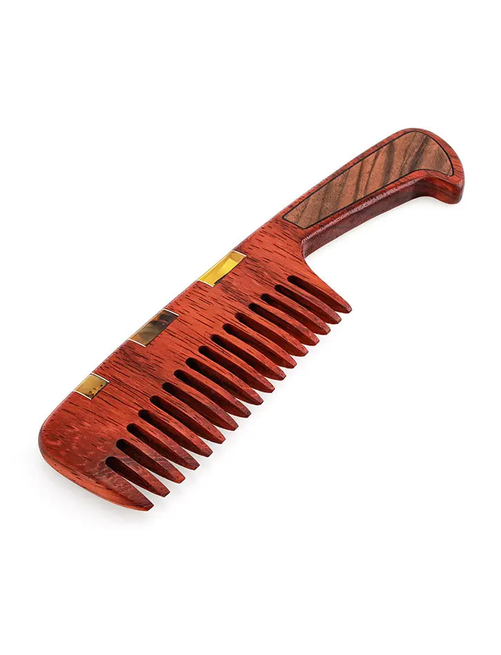 картинка Расчёска-гребень для волос из падука, украшенная натуральным янтарём в онлайн магазине