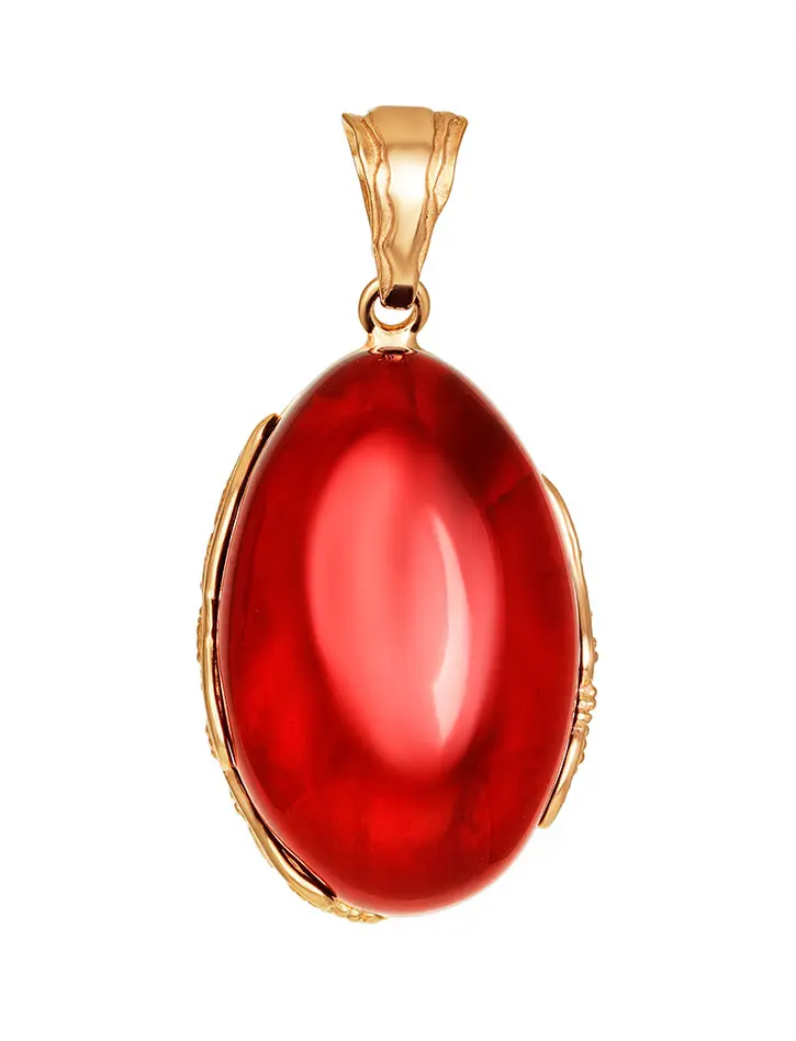 картинка Эффектная позолоченная подвеска с натуральным янтарём красного цвета «Версаль» в онлайн магазине