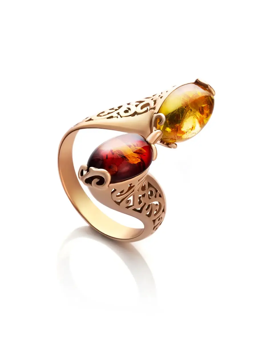 картинка Ажурное кольцо «Касабланка» с натуральным янтарём двух оттенков в онлайн магазине