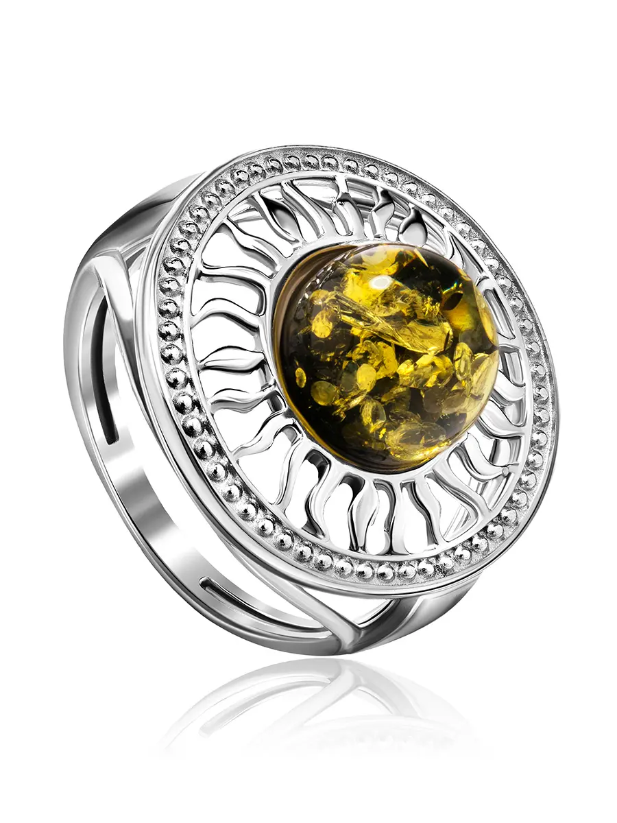 картинка Ажурное кольцо из янтаря зелёного цвета «Парнас» в онлайн магазине
