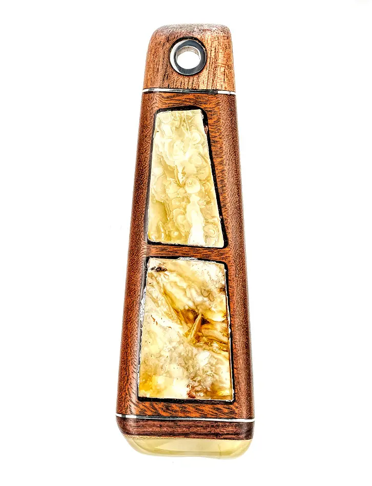картинка Эксклюзивный кулон из дерева, натурального янтаря и алюминия «Индонезия» в онлайн магазине