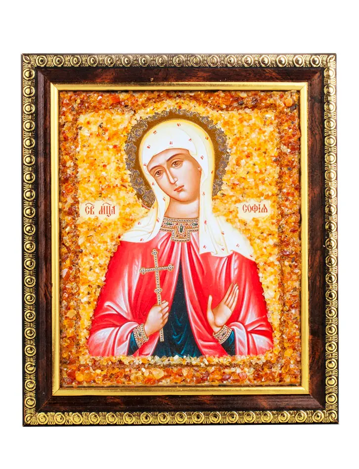 картинка Именная икона, украшенная натуральным янтарём «Святая мученица София» в онлайн магазине