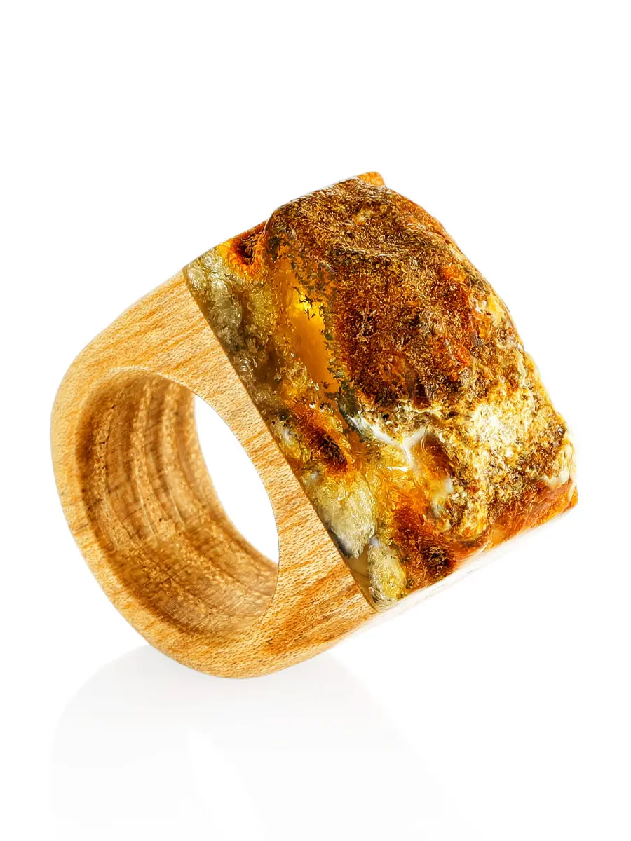картинка Стильное кольцо из дерева с натуральным балтийским янтарём «Индонезия» в онлайн магазине